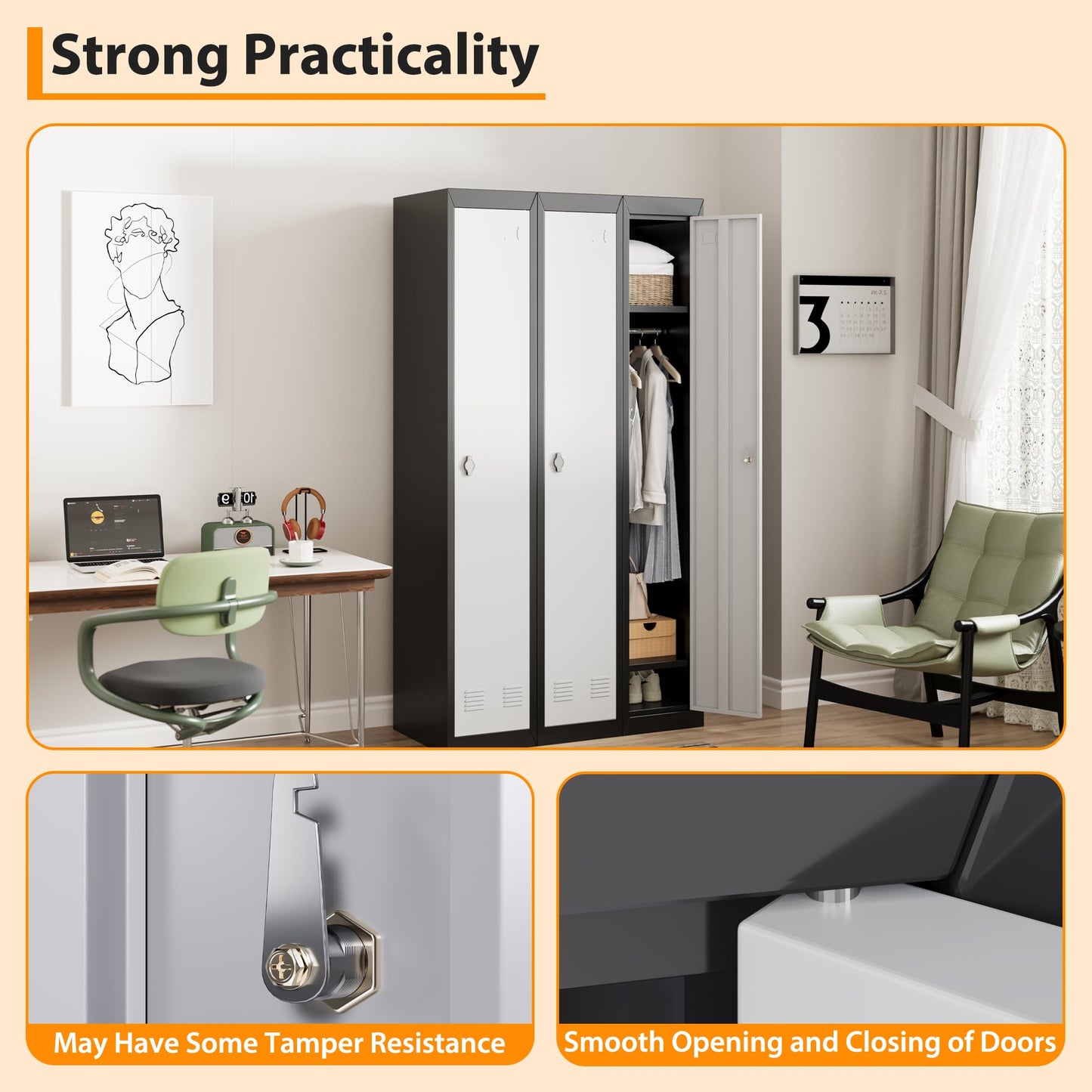 GAOMON 1 Door Tall Metal Locker with Key Employee Metal Locker, Lockable Heavy Duty Steel Employee Locker for Schools, Gyms, Homes, Offices, Utility Rooms, Grey and Black