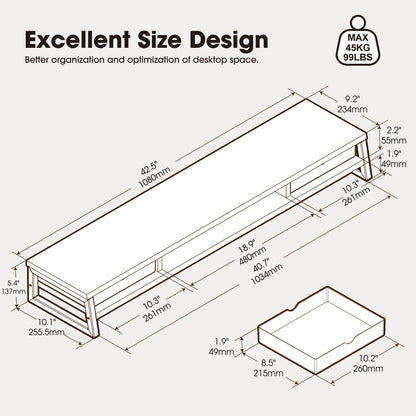 Fenge Dual Monitor Stand, Monitor Riser with Drawer, 42.5 Inch Large Computer Monitor Stand for 2 Monitors, 2 Tier Wooden Desk Shelf for Top of Desk