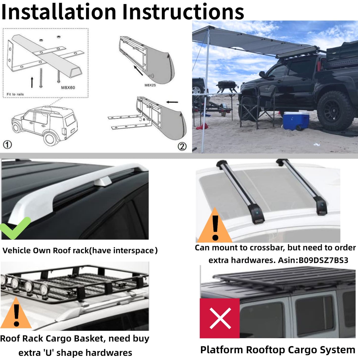 DANCHEL OUTDOOR Car Awning 6.5x8.2ft Roof Rack Pull-Out Sun Shelter Canopy, Waterproof 4x4 Vehicle Side Overland Awning Camping, Gray