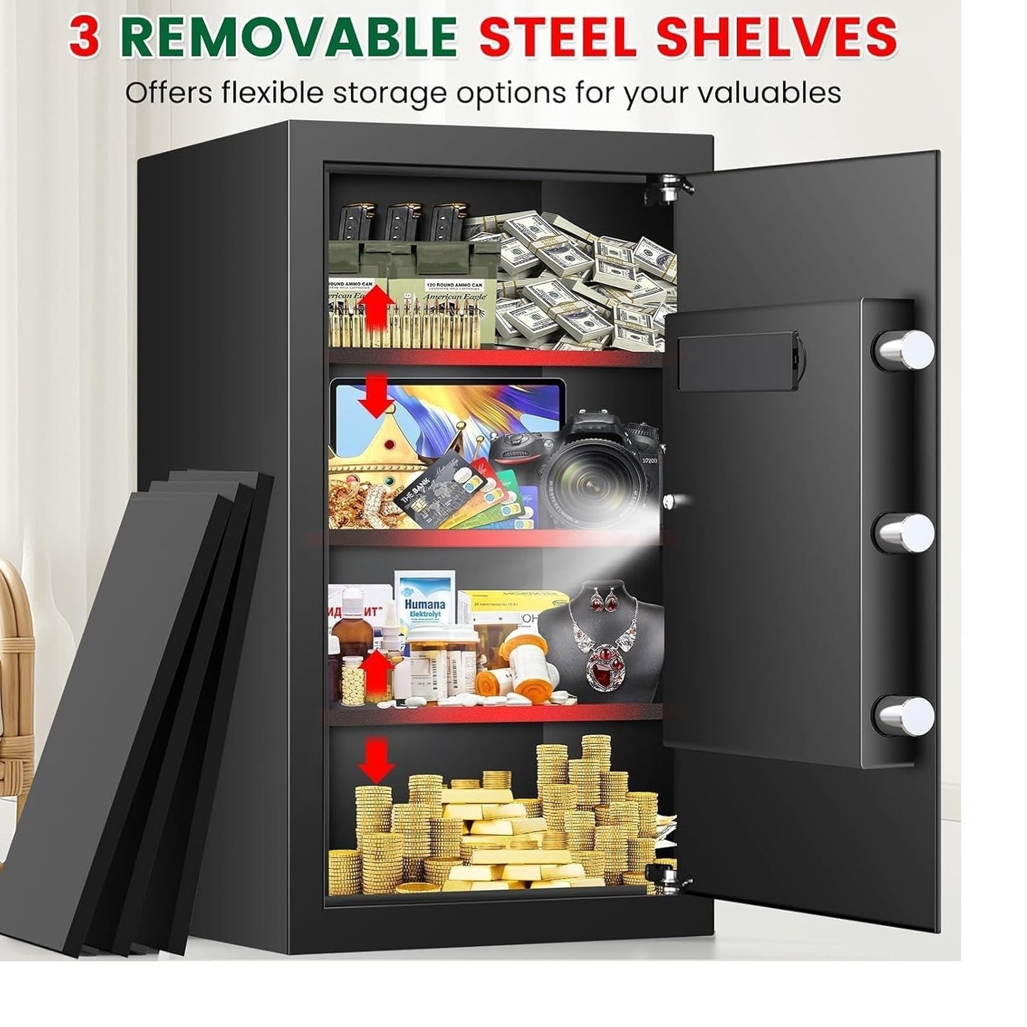 6.1 Cuft Heavy Duty Fire Security Home Safe Box, Large Floor Safe with Digital Keypad & Key Lock, Fire Proof Safes for Home with Three Removable Shelf, Anti-theft Tall Safes for Money, Cash, Documents