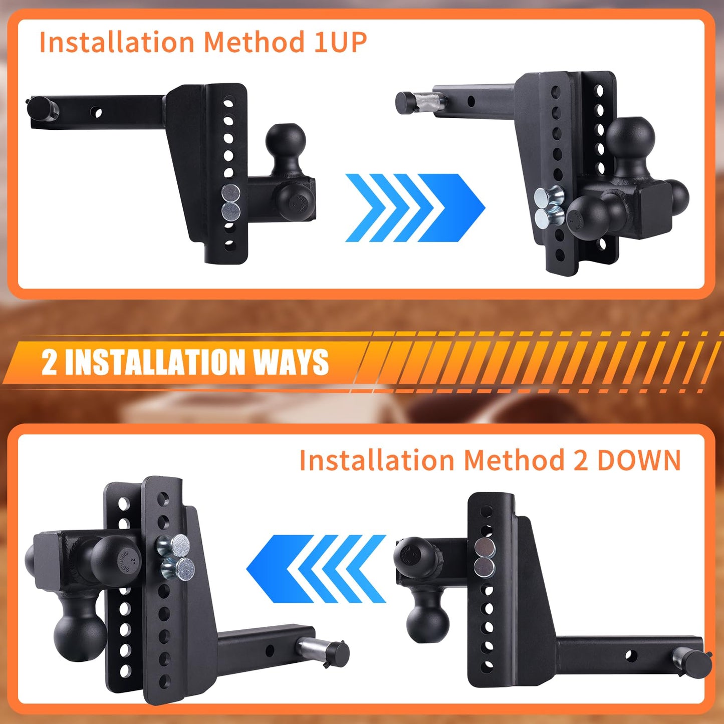 Adjustable Drop Hitch Tri-Ball, 8" Drop/Rise, 18,500 LBS GTW, Fits 2-Inch Receiver, Anti-Theft Locking Pins, Heavy-Duty Trailer Hitch for Trucks