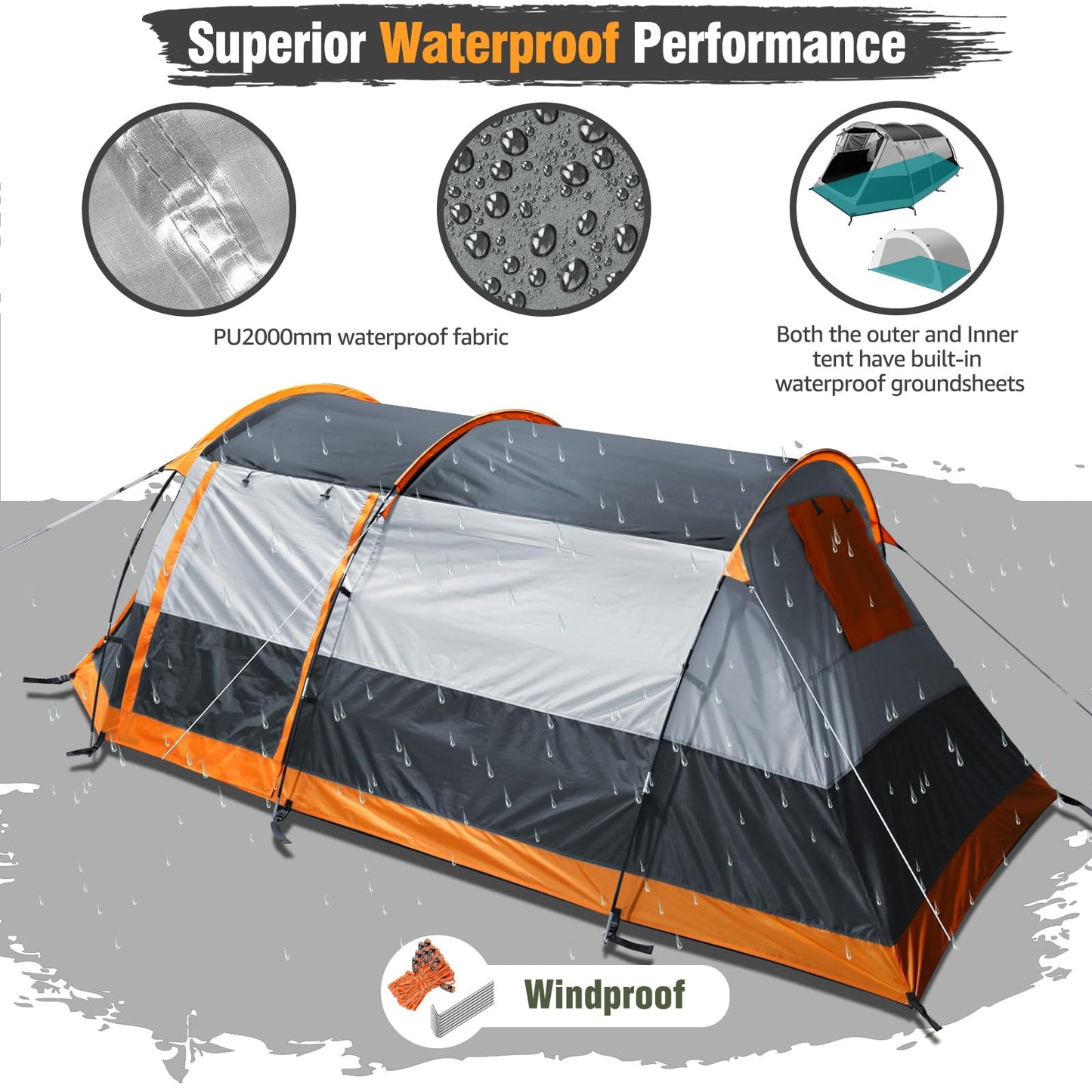 Chihee Camping Tents Tunnel Tent 4 Person Family Tents with 2 Doors Extra Weatherproof Outdoor Shelter 4 Seasons Tents with Double Waterproof Groundsheets Screened Room Porch Carry Bag for Travelling