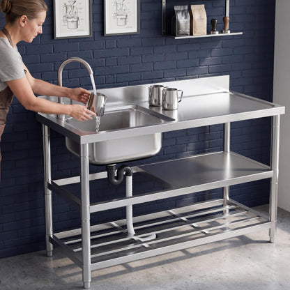 Free Standing Stainless-Steel Single Bowl Commercial Restaurant Kitchen Sink Set w/Faucet & Drainboard, Prep & Utility Washing Hand Basin w/Workbench & Double Storage Shelves Indoor Outdoor (47in)