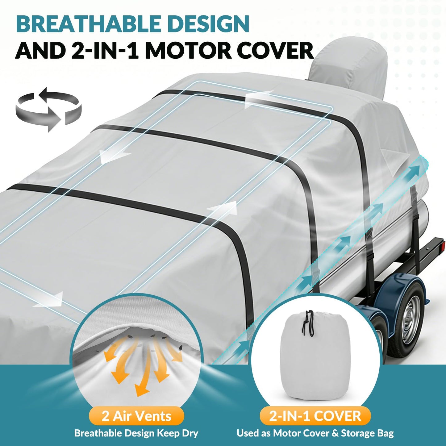 1200D Waterproof Pontoon Boat Cover with Metal Buckles,Solution-Dye Marine Canvas Trailerable Boat Cover 17-20ft for Pontoon Boat with Motor Cover,Gray