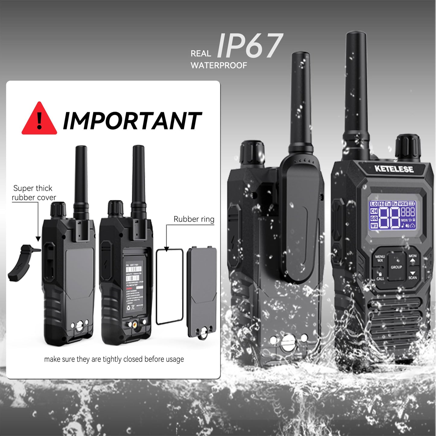 Ketelese T4 Rechargeable Walkie Talkies Long Range, IP67 Waterproof Two Way Radio, 30 Channels Walkie Talkie with Earpiece, TypeC Dock&Cables, NOAA, VOX, Group Call, PTT, 6pack, Balck