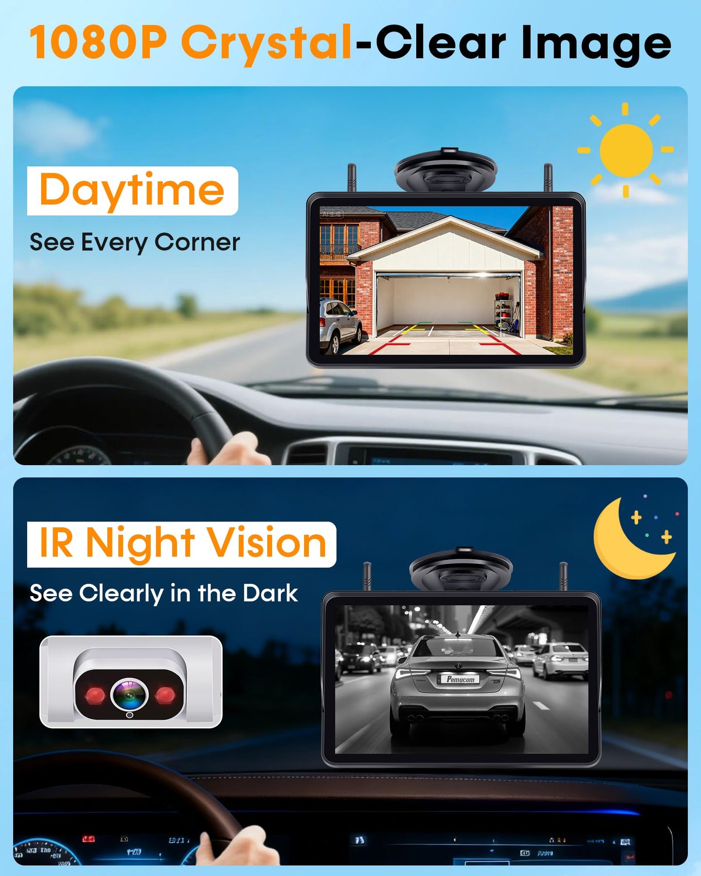 Pemacom Wireless Backup Camera for Towable-RV: 1-Second Magnetic No Wiring Long Distance Signal for Thor/Forest River Series RVs - 7.3" Recording Monitor HD 1080P Auto Sleep Solar RV Backup Camera