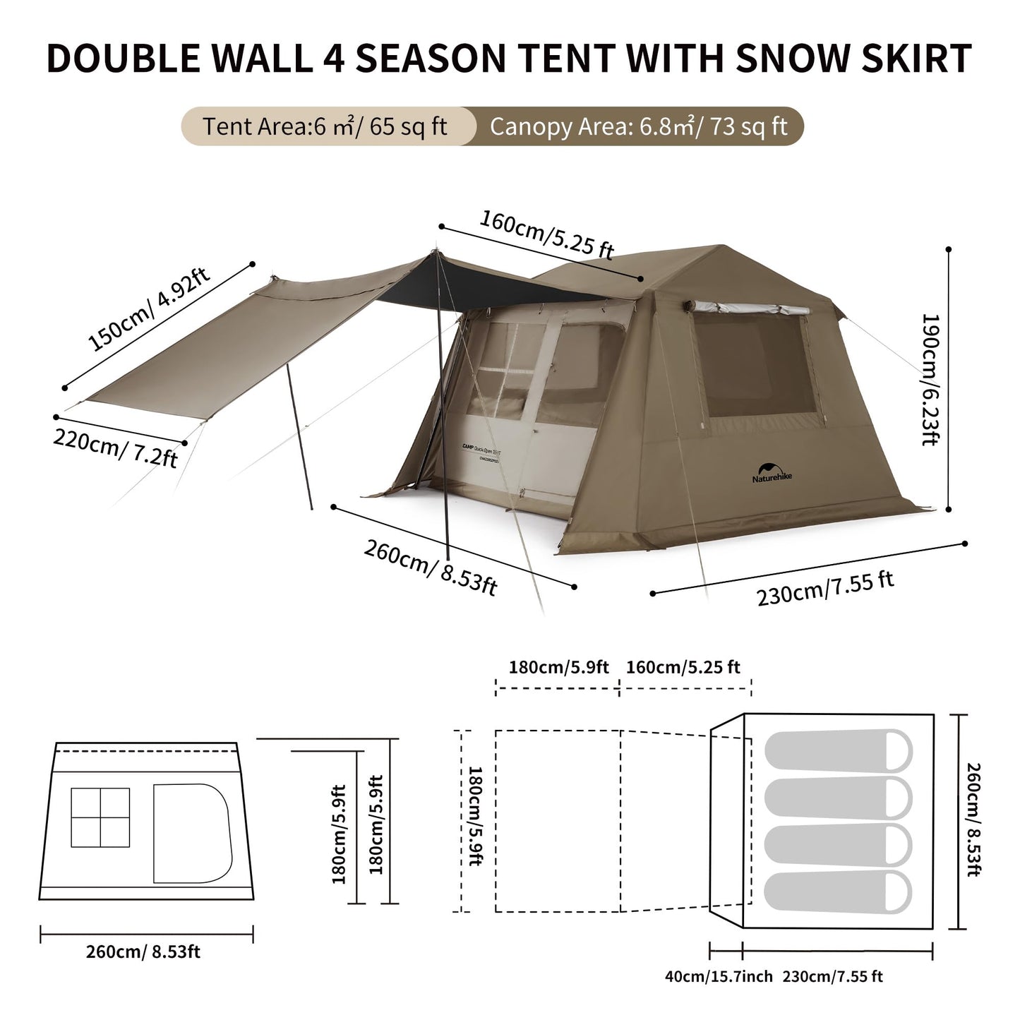Naturehike Village Instant Tent, 4 Person 8 Person Camping Tent with Full Rainfly, Waterproof Large Cabin Tents for Car Camping