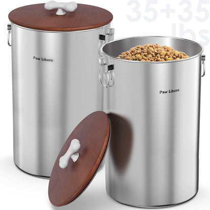 Paw Libero 2PK 35 Lbs total 70Lbs Stainless Steel Dog Food Storage Container with Airtight Wooden Lid & Ceramic Bone Handle, Large Metal Dog Food Bin for Dogs & Cats, Keep Fresh, Easy to Clean