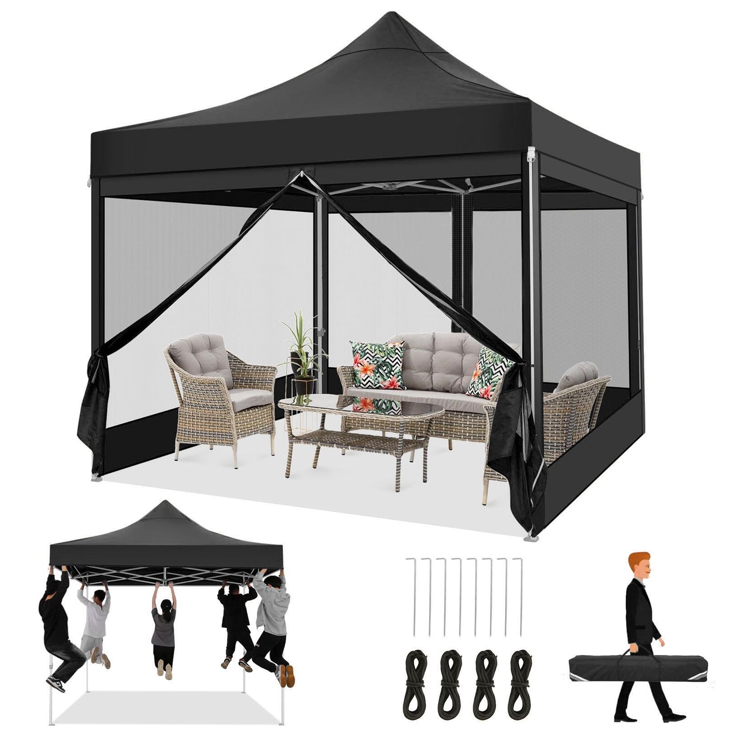 COBIZI 10x10 Heavy Duty Pop Up Canopy with 4 Mosquito Netting Wall, Easy Set Up Commercial Gazebo Party Tent, Outdoor Instant Screen Canopy for Backyard, Patio, Garden, Black