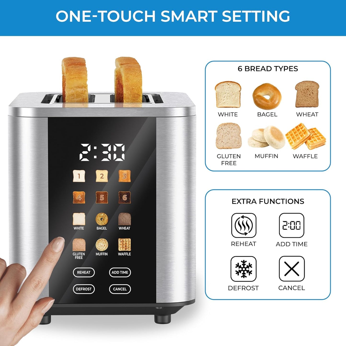 Kenmore 2-Slice Toaster - Touch Screen Controls, 6 Shade Settings & Extra Wide Slots | Stainless Steel