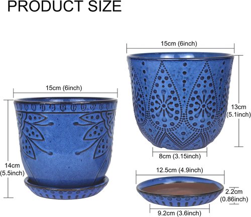 Gepege 6-Inch Beaded Ceramic Planter Set of 2 - Drainage Hole & Saucer for Indoor/Outdoor Use | Blue