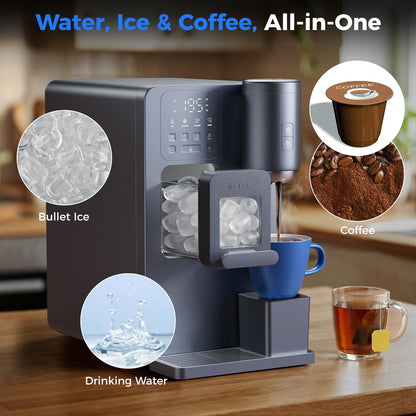 Oylus 3-in-1 Water Dispenser with Ice Maker - Coffee Maker Countertop Bullet Ice Maker with 12H Timer, Hot/Cold/Warm Adjustable Volume Water, K-Cup® Ground Coffee Brewer for Home Office Studio Gift