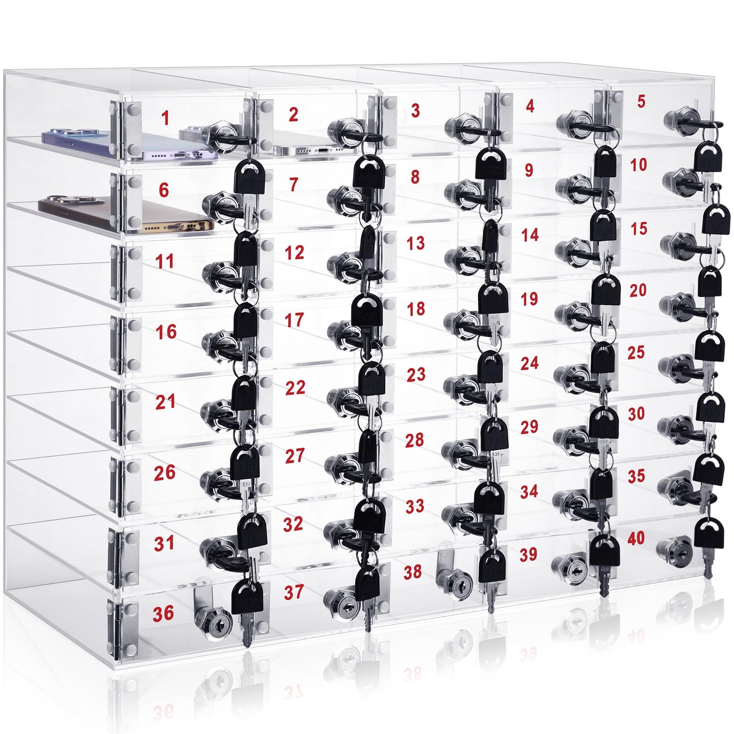 Layhit Clear 40 Slots Cell Phone Locker Box for Classroom Clear Acrylic Cell Phone Storage Cabinet Bin with Door Locks for Classroom School Students Office Factory Employees