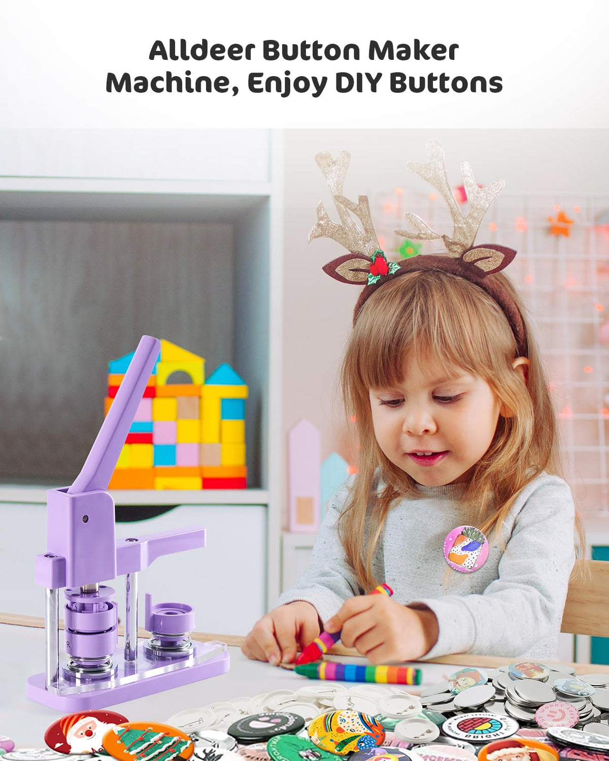 Alldeer Button-Maker-Machine Kit 32mm /1.25 inch, Button Press Machine 32mm, Easy-to-use Rotate Models, Pin Maker Kit with 100 Sets Plastic Supplies, DIY Small Badges, Starting Creative Project