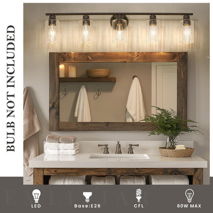 Emliviar Rustic Vanity Light Fixture, 5-Light - 40 Inch, Fluted Ripple Glass, Oil Rubbed Bronze Finish, Model YE295B