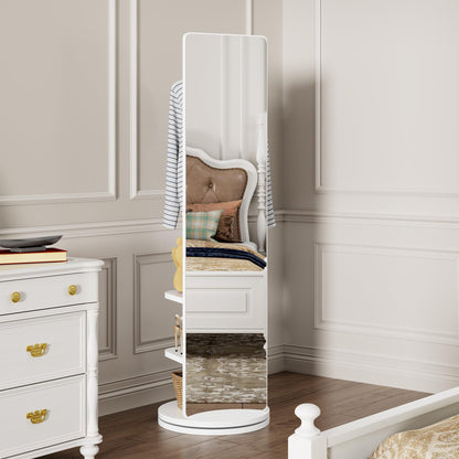 KEIKI Full Length Mirror with Cloak Rack, 66"x18" Rotatable Rubber Wood Full Body Floor Mirror for Bedroom, Living Room & Dressing Room – White
