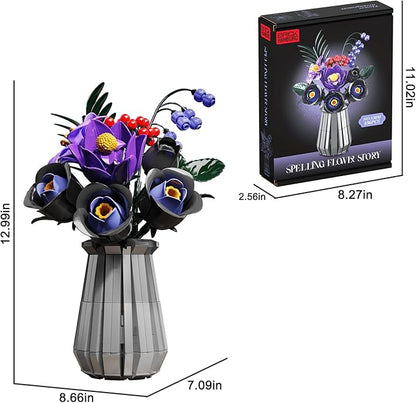 Flowers Bouquet Building Blocks Set with Vase Roses LilyRosaHypericum Bellflower Artificial Plants for Adults Teen GirlsHome&ampOffice Bonsai Decoration