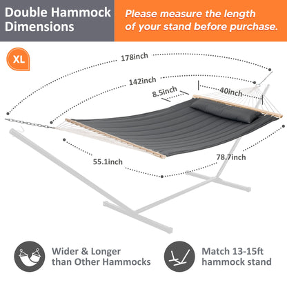 SUNCREAT Heavy Duty Hanging Tree Hammock, 475 lbs Capacity, Two Person Hammock with Large Soft Pillow, Tree Hooks, Gray