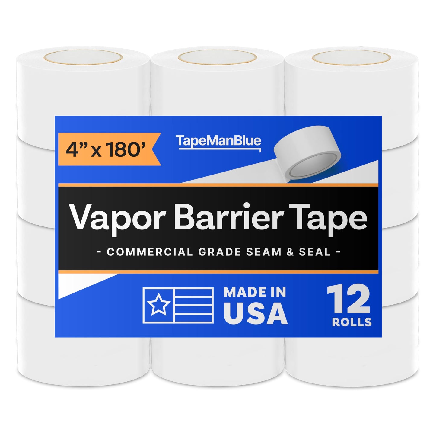 Vapor Barrier Tape - 4 inch x 180' Roll, Made in USA, White Polyethylene Tape for Crawl Spaces & Moisture Barriers, Waterproof Seal & Seam Tape for Underlayment, Insulation, and Plastic Liners (12)