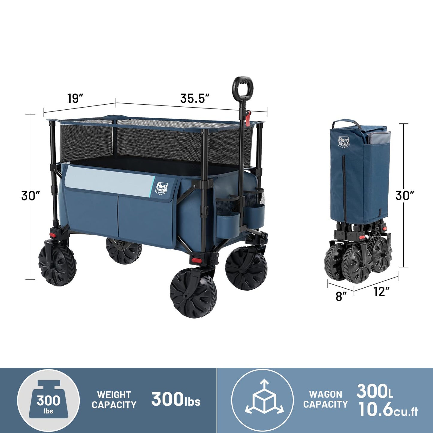 Timber Ridge Foldable Wagon 350L Extendable Height, Large Capasity Collapsible Wagon Cart with All Terrians Detachable Wheels, Compact Folding Utility Wagon for Camping, Fishing, Shopping Navy