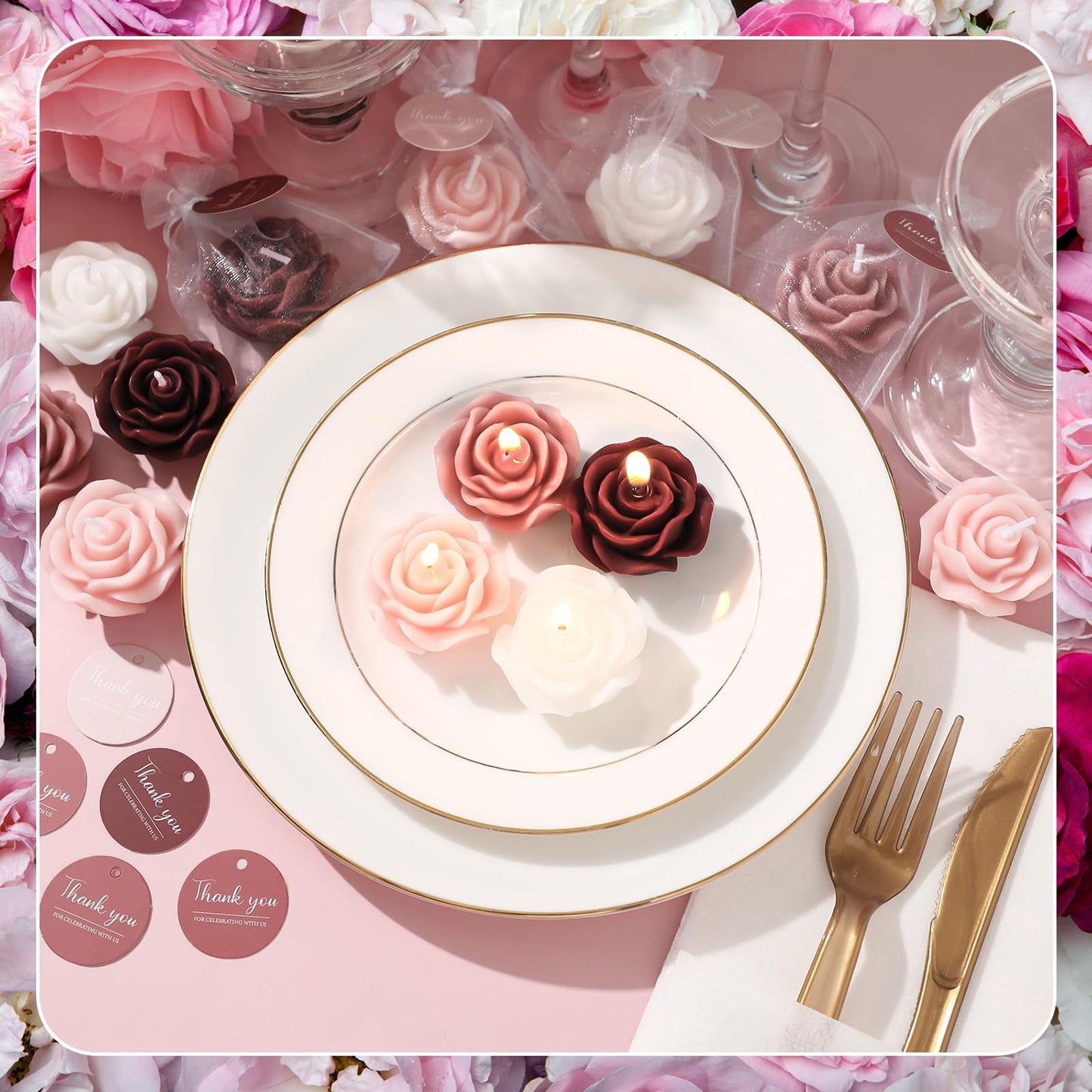 Treela 24 Setflower Candles Wedding Favor for Guests Mini Burgundy Rose Shaped Tealight Candles for Return Gift Wedding Birthday Bridal Shower Housewarming Party