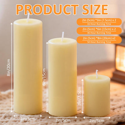 Trxvxo Ivory Pillar Candles, 6-Pack Bulk Set in 3 Sizes (3, 6 & 8 Inch - 2 Each). Dripless, Unscented & Smokeless Hurricane Candles for Weddings, Parties & Home Decor.