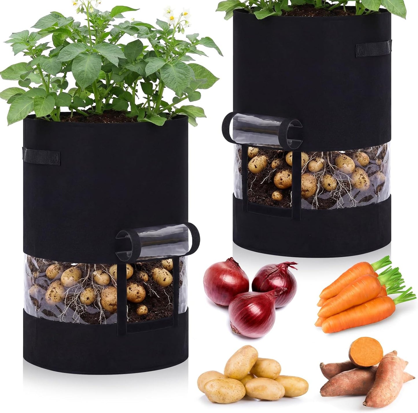 Baderke Potato Grow Bags - 2 Pack with Harvest Window & 360 Visibility | 30 Gallon, Black