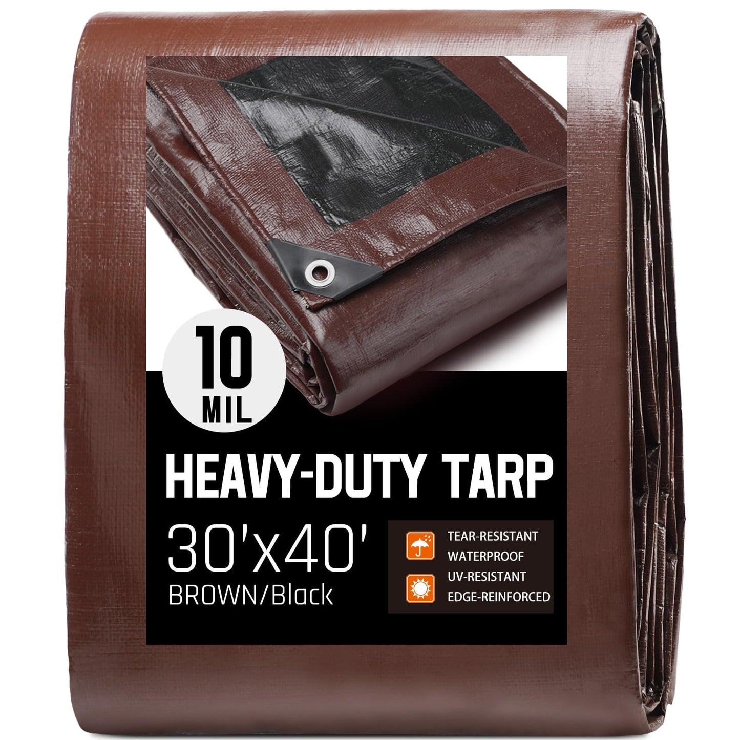 30 x 40 FT Waterproof Heavy Duty Tarp, 10 Mil Thick, Outdoor Furniture Covers, Plastic Insulated Tarpaulin for Camping Tent Roof Boat Patio Pool Cover, Large & Small Multi-Size Tarps, Brown/Black