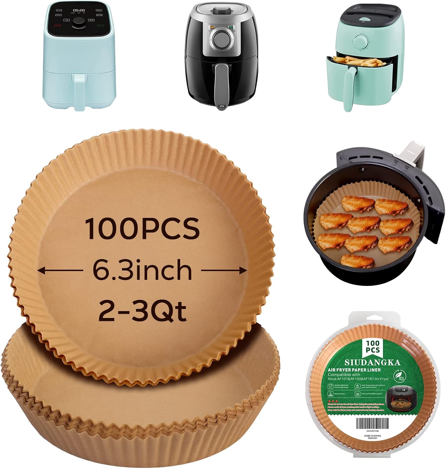 SIUDANGKA Mini Air Fryer Liners - 100 Pcs Non-Stick Parchment Paper Pads for 2QT Air Fryers | Compatible with Ninja, COSORI, Instant Vortex, CHEFMAN