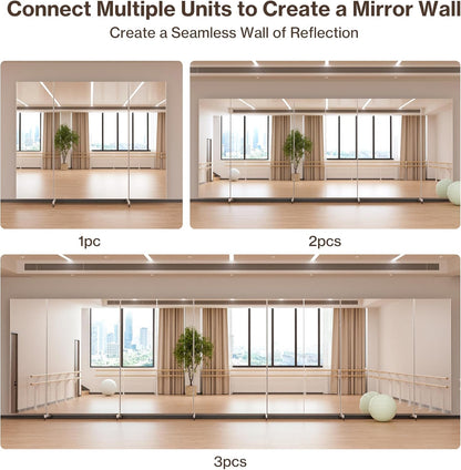 brisafe Full Length Stand Up Mirror on Wheels,75''L×95''W,Large Tri-Fold Floor Mirror with Stand,Movable 3-Way Full Length Standing Mirror for Gym, Dance Studio, Fitness Room, and Home (Silver)