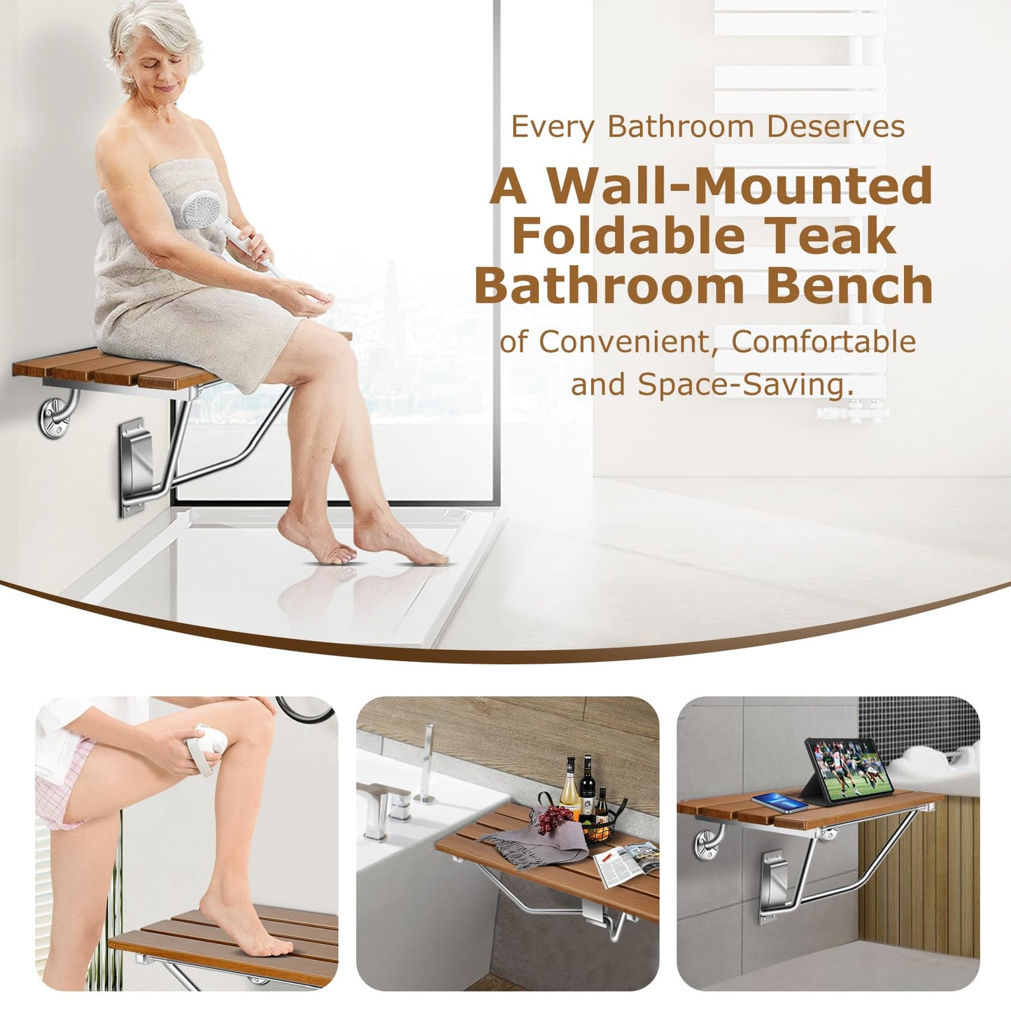 28" Wall Mounted Folding Shower Seat with Stainless Steel Bracket, Structural Stability, 500 lb Capacity, Space-Saving, Teak Shower Bench for Elderly, Disabled, Pregnant Women, Kids
