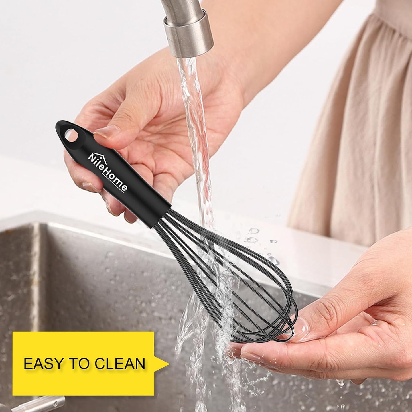 NileHome Silicone Whisk Set - Versatile 8" & 10" Kitchen Whisks for Cooking & Baking - Black