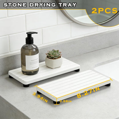2PCS Stone Drying Tray, Water Absorbing Stone Tray for Sinks, Neat Diatomite Sink Trays, Fast Drying Kitchen Sponge Hand Soap Holder, Instant Dry Sink Coasters Used for Bathroom Counter -White