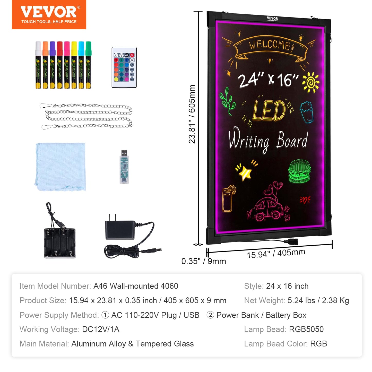 VEVOR 32"x24" LED Message Writing Board, Menu Sign Boards, Illuminated Erasable Lighted Chalkboard, Neon Effect Drawing Panel with 8 Fluorescent Chalk Markers and Remote Control
