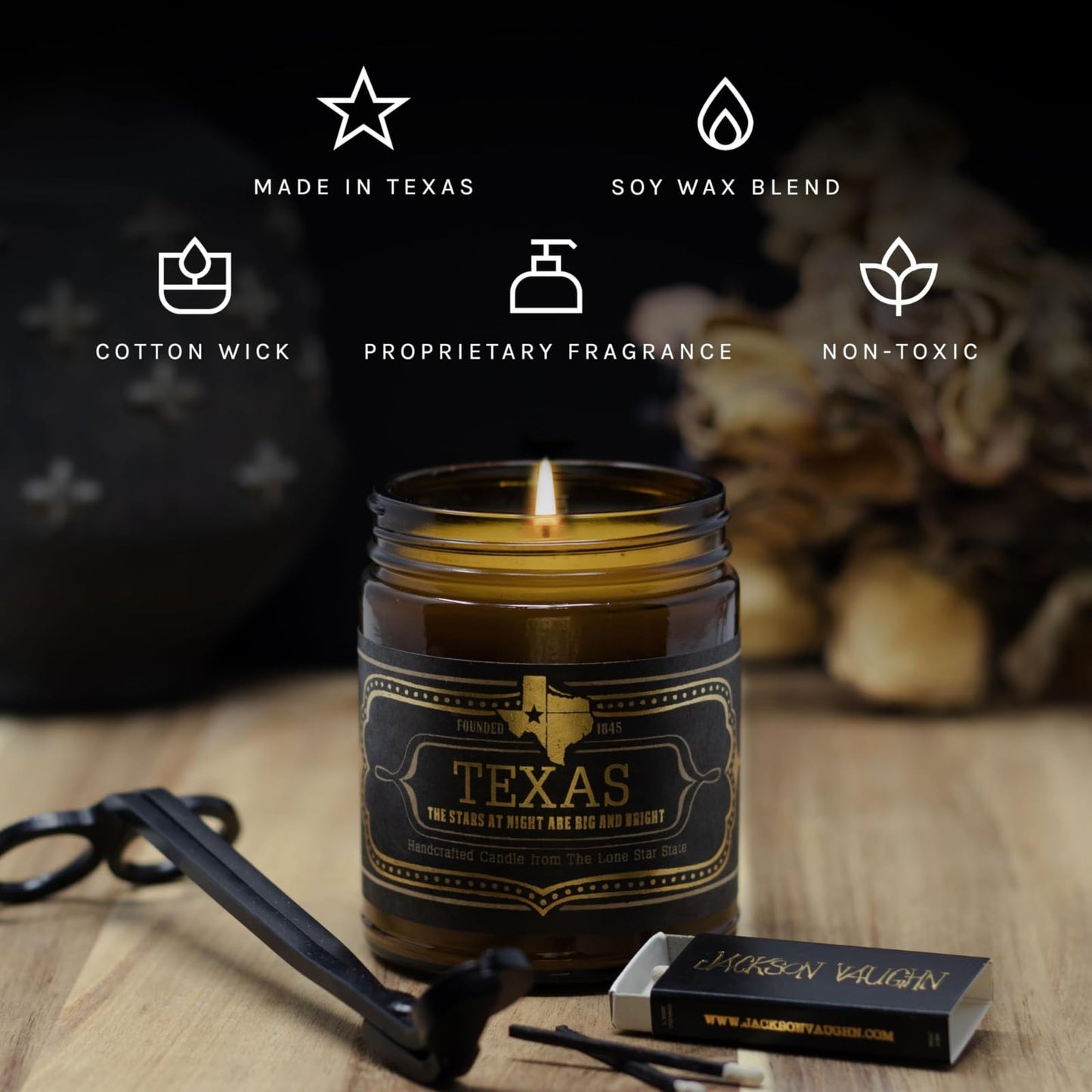 Jackson Vaughn Scented Texas Candle | Aromatherapy Long Lasting Candles Luxury Home Fragrance Decor Gifts Hand Poured Soy Wax Blend Notes Wild Sage, Vanilla, Campfire 40 Hour Burn 9oz (Texas)