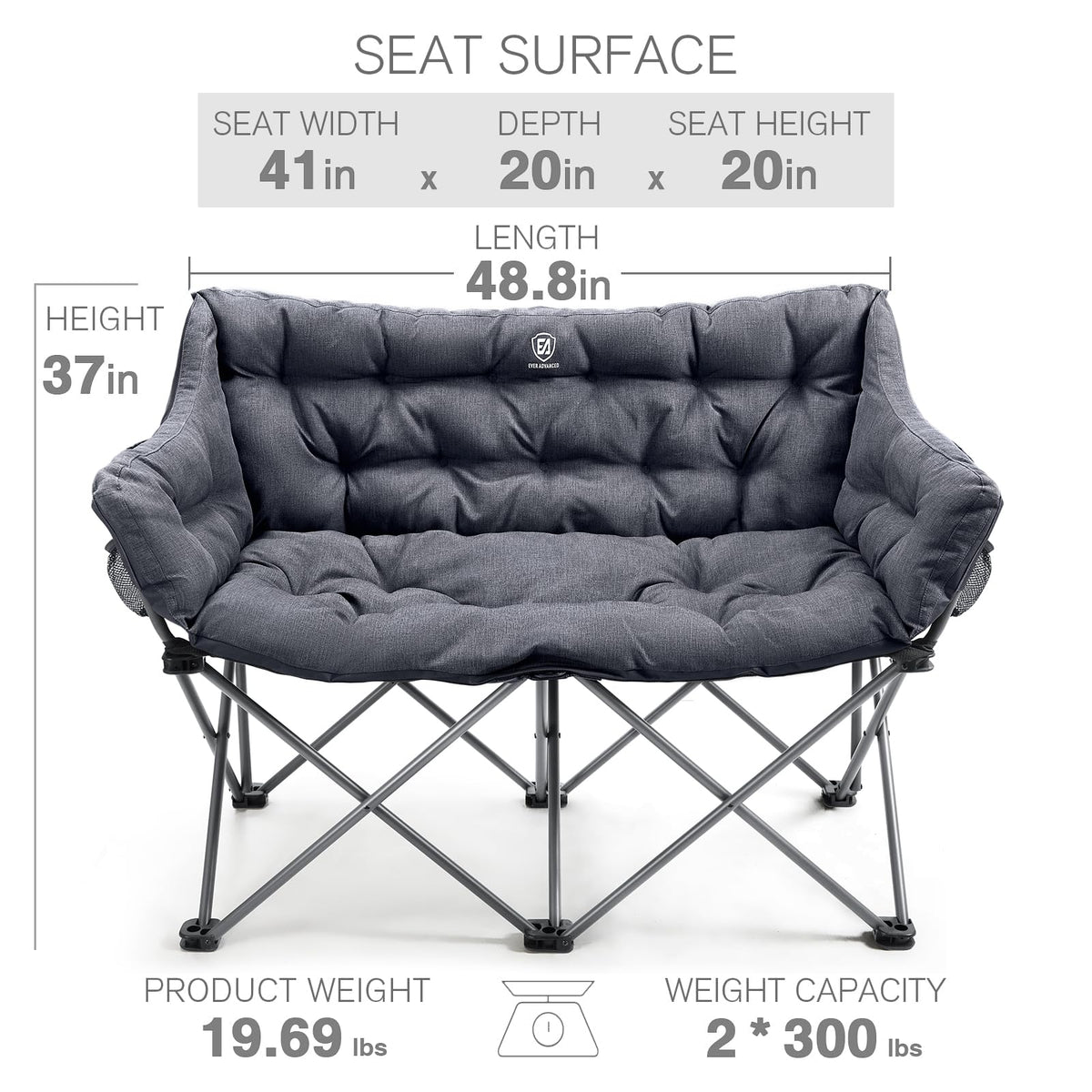 EVER ADVANCED Double Camping Chair for Adults, Padded Folding Camping Love Seat Bench with Side Pocket Portable Camping Couch, Two Person Heavy Duty Folding Outdoor Chair with Cushion,Support 600lbs