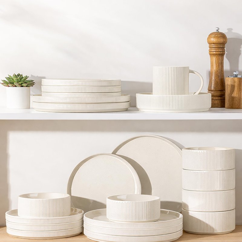 GBHOME Stoneware Dinnerware Sets for 6, 18 Pieces Ceramic Ribbed Plates and Bowls Set, Reactive Glaze Stackable Plate Sets, Scratch Resistant Dishes, Microwave & Dishwasher Safe