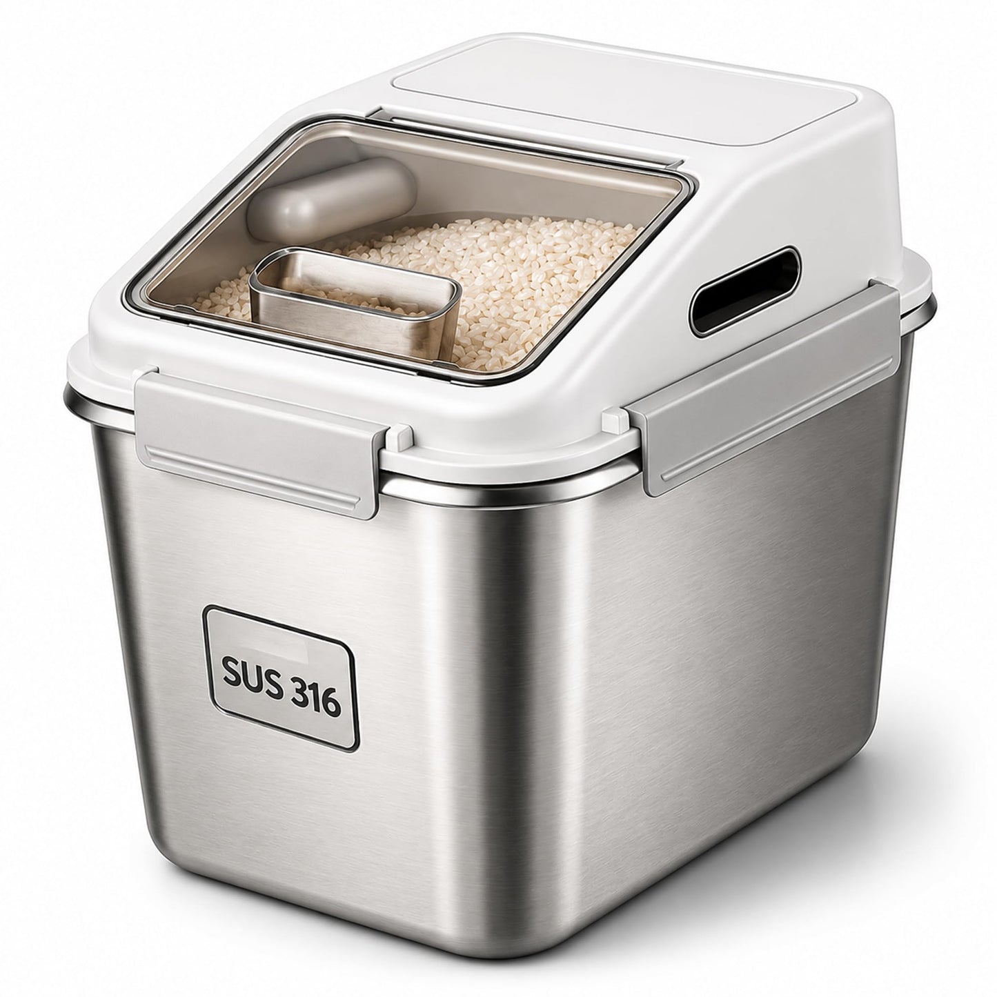 Premium 316 Stainless Steel Airtight Rice Storage Container, Modern Kitchen Organizer,grain bin, 27lb/11L Locking Lid Bin with Silicone Seal -Rice, Flour, Beans & Pet Food Dispenser (Matte Silver)