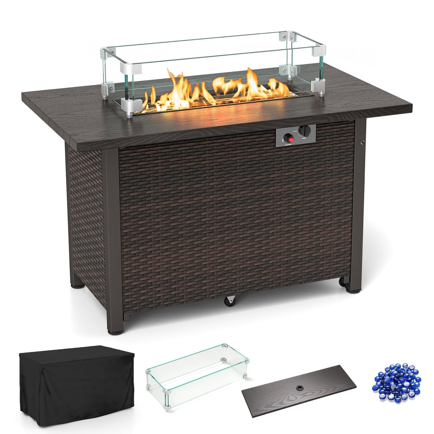 Tangkula Outdoor Propane Fire Pit Table, 42 Inch Rectangular Rattan Fire Table with Wind Guard & Glass Rocks, 50,000 BTU Smokeless Gas Fire Pit for Outside Patio (Brown)