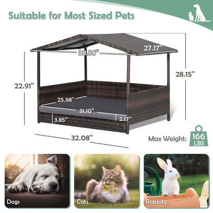 HAPPAWS Wicker Dog Bed House, Indoor Outdoor HDPE Rattan Dog Houses, Raised Dog Cot Pet House, Elevated Pets Sofa w/Washable Cover, Waterproof Roof Shelter, Removable Cushion Lounge