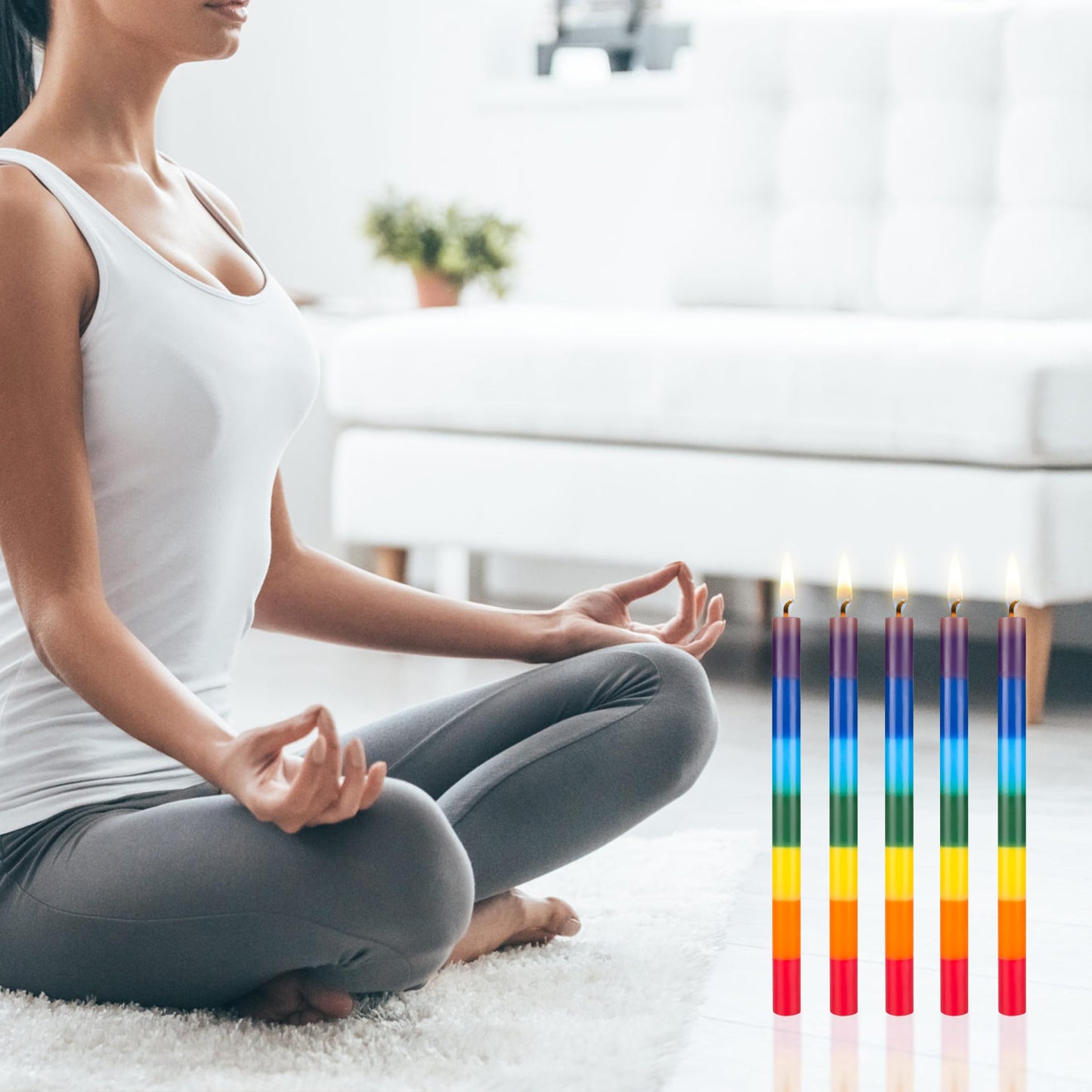 Mega Candles 5 pcs Unscented Multi Color Straight Taper Chakra Candles, Hand Poured Premium Wax Candle 12 Inch x 1 Inch, 100% Cotton Wick, Positive Healing Energy, Meditation, Relaxation, Reiki, Yoga