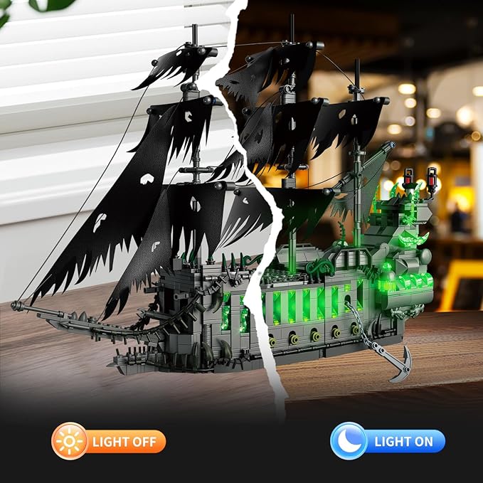 1573 Pcs Pirate Ship Building Set with LED LightSTEM Ghost Ship Flying Dutchman Building ToyModel Boat Mini Brick Kit Home Office DecorHalloween Easter Gift for Adults Boys Kids Ages 14+