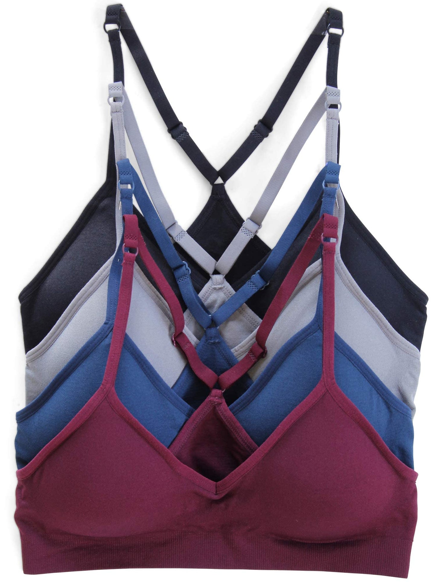 Kalon Women’s 4 Pack Racerback Sports Bralette Seamless Wireless Comfort Bra (Medium, Dark Basics)