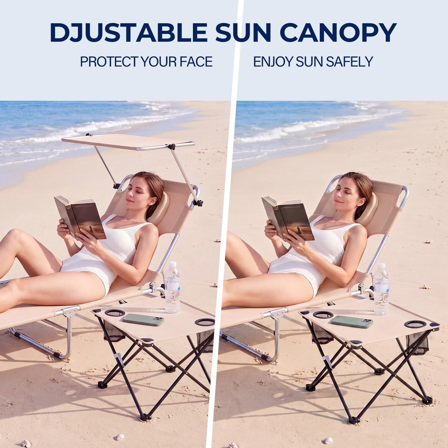 Karenhi 3 Pcs Beach Lounge Chair Set with Table and Face Hole, Adjustable Tanning Recliner with Canopy, 2 Replaceable Towels Portable Folding Design for Outdoor, Poolside, Patio and Sunbathing