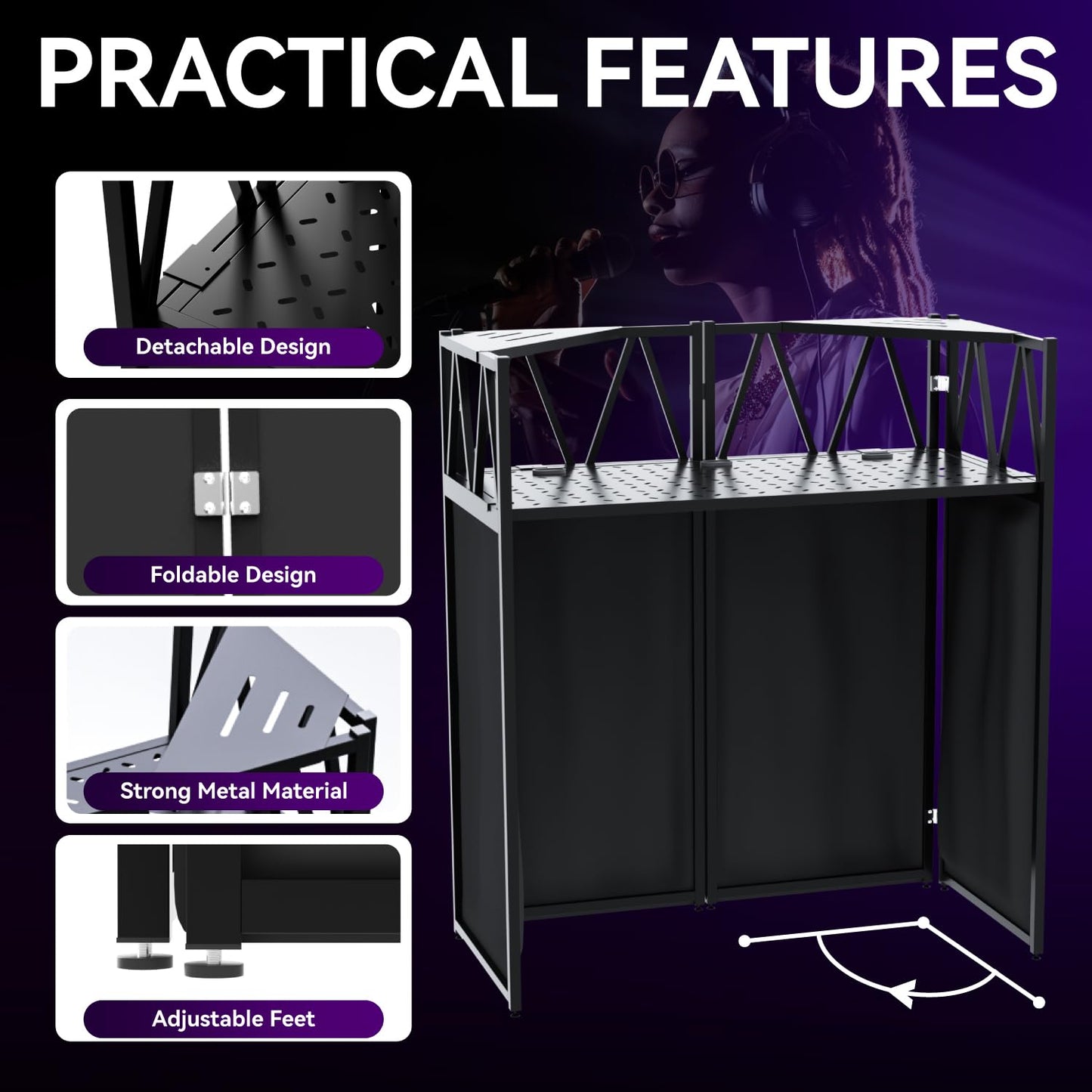 lunacme Portable DJ Booth Table,Foldable DJ Table Stand with White & Black Scrim,Adjustable D J Facade Station Triangle Plate Metal Frame with Cable Hole for Private Events, Clubs, Bars