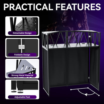 lunacme Portable DJ Booth Table,Foldable DJ Table Stand with White & Black Scrim,Adjustable D J Facade Station Triangle Plate Metal Frame with Cable Hole for Private Events, Clubs, Bars