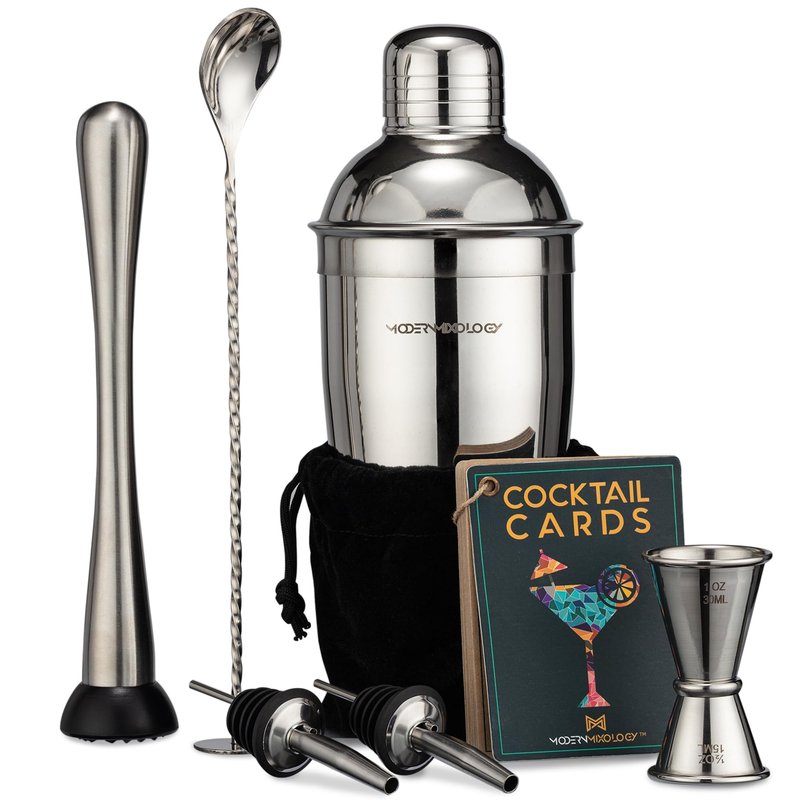 Modern Mixology 8-Piece Cocktail Shaker Set with Velvet Bag | Complete Kit for Bartenders | Includes Shaker with Strainer, Jigger, Muddler, Spoon, Pourers | Travel Bar Essentials (Silver)