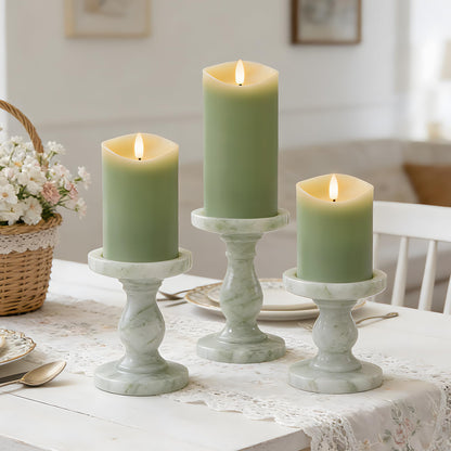 Velsyn Green Flameless Candles with Remote and Timer, Real Wax Made LED Pillar Candles Battery Operated with 3D Flickering Flame Melted Edge, 3" x 4",5",6", Set of 3 (Pastel Green)