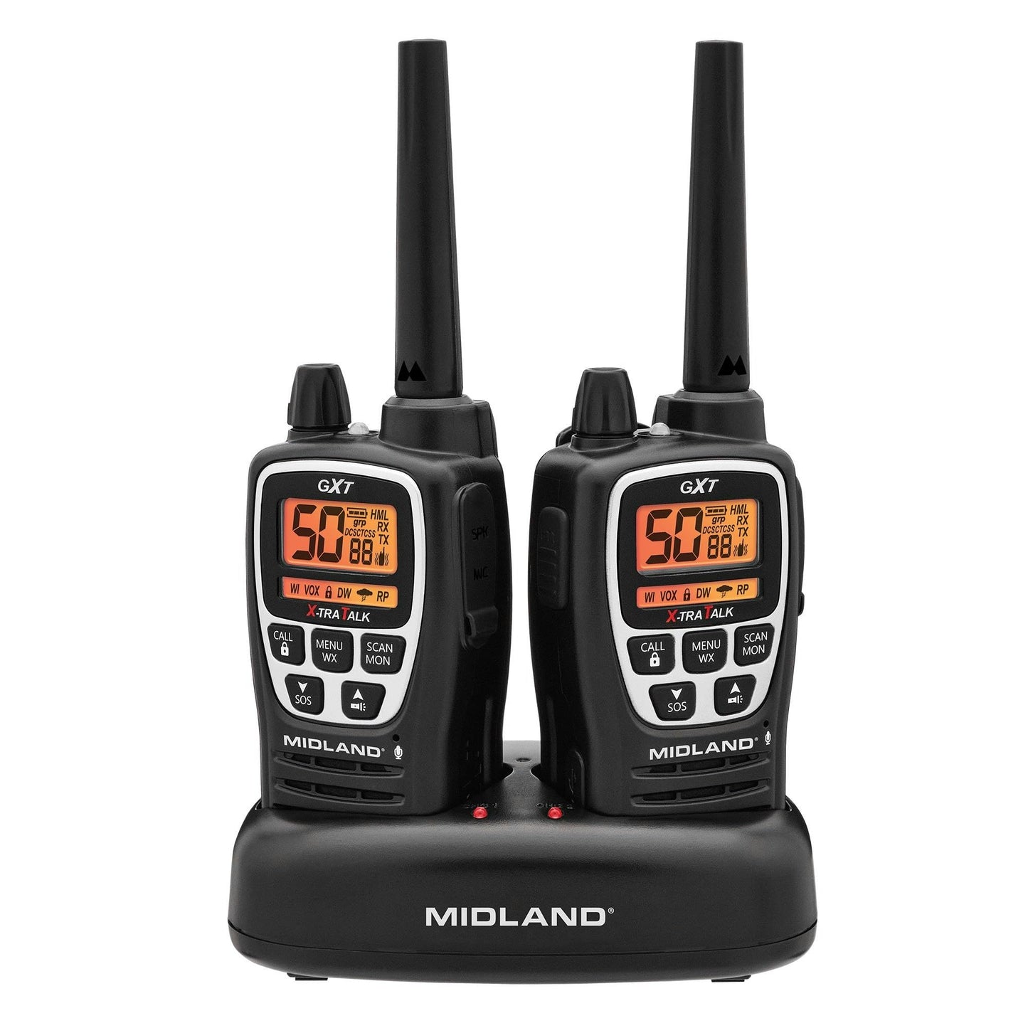 Midland GXT3000 GMRS Two-Way Radio (50-Channel, Repeater Capable, Long Range, 142 Privacy Codes, SOS, NOAA, Rechargeable Lithium Ion Battery, Black/Silver, 2-Pack)