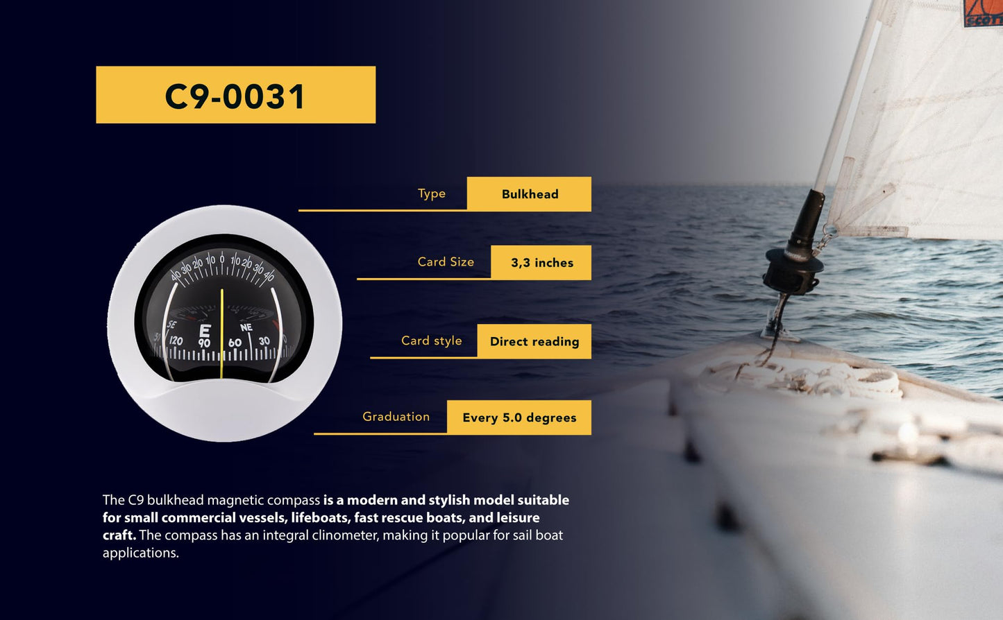 Autonautic - Bulkhead Mount Compass - 85mm Direct-Read Dial - with a Clear Looking Design Suitable for sail and Power Boats Also Suitable for Small Vessels, Mounting Hole 85mm - Made in Europe